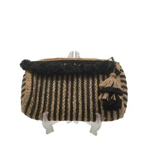 Black and Natural Stripe Jute Clutch Purse with Tassel‎ Detail